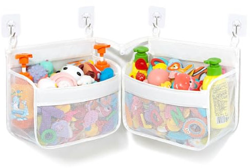 Multipurpose Bath Toy Holder for Bathtub - Corner & Wall Mount Tub Toy Storage Organizer, White Mesh Bath Toy Organizer Dries Fast, Holds Baby Bath Toys & Bath Wash (Baby Shower Storage Bag)