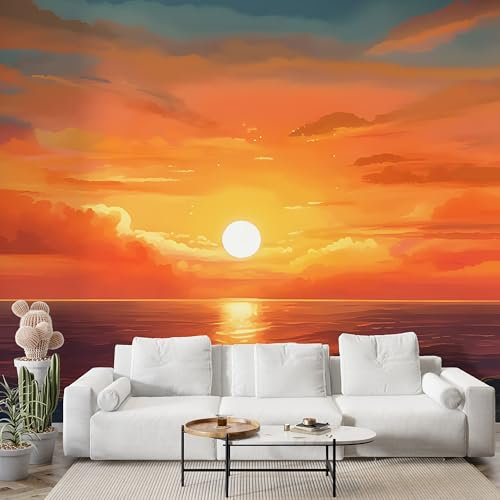 Boceoey Papier Peint Panoramique Océan Coucher De Soleil 3D - Motif Paysage Plage - Décoration Murale pour Salon & Chambre, Intissé Autocollant Papier Mural, 450x315 cm S-905