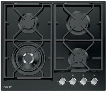 Piano Cottura Cucina Gas in Vetro Nero 4 Fuochi, Griglie in Ghisa, 60x51 cm (INCASSO 56x48), VETRO NERO, FOSTER 7041632