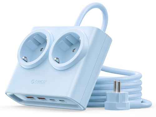 ORICO Regleta Enchufes Plana PowerBrick GAN 25W, 2 Tomas AC y 4 USB, Azul | 2 USB-A, 2 USB-C, Carga rápida PD; cable de 1,6m; diseño compacto 2500W; ideal para escritorio, hogar y oficina organizada