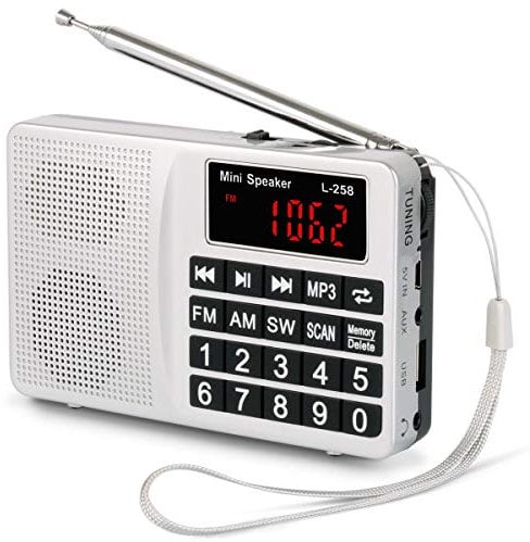 PRUNUS L-258 Small Radio Portable and Mains, AM(MW)/SW/FM Radio Rechargeable with Bass Speaker, Large Button and Display. Stores Stations Automatically.(NO Manual Memory Stations Function)