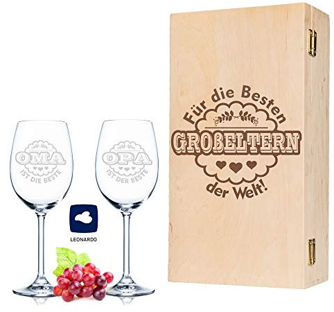 Leonardo Weingläser Oma ist die Beste & Opa ist der Beste im 2er Set - inkl. gravierter Vintage Holzkiste - Geschenk für Oma & Opa - Geburtstag Großeltern