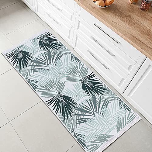 Fashion4Home Teppich Läufer - Tepiche für Wohnzimmer, Schlafzimmer, Küche, Kinderzimmer, Badezimmer - Boho Kelim - Läufer Flur, Palm-Grün-Weiß, Größe: 80x200 cm