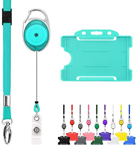 Trio Türkis Ausweishülle Namenschilder mit Schlüsselbänder Badge Kartenhalter aus Plastik Ausweishalter Schlüsselanhänger Set Schlüsselring Retractable Reel mit Yoyo Clip ID Card Holder Abzeichen 1pc