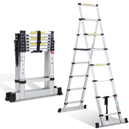 Cecaylie 2M+2.3M Teleskopleiter Klappleiter, Rutschfester Aluleiter Mehrzweckleiter Ausziehbare Leiter, Stehleiter, Aluminiumleiter, Maximale Tragfähigkeit 150kg