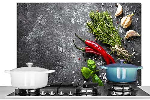 KitchenYeah© Spritzschutz Küchenrückwand Platte Küchen Zubehör Aluminium Platte Herd Spritzschutz WandverkleidungPfeffer - Kräuter - Gewürze - Beton - 90x60 cm