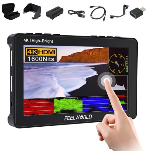 FEELWORLD F6 Pro de 5,5 Pulgadas y 1600 Nits Monitor de Campo para cámara,4K HDMI 1920x1080 Full HD IPS Pantalla táctil Cámara DSLR Monitor con F970 Kit de alimentación Batería Capucha Parasol 3DLUT