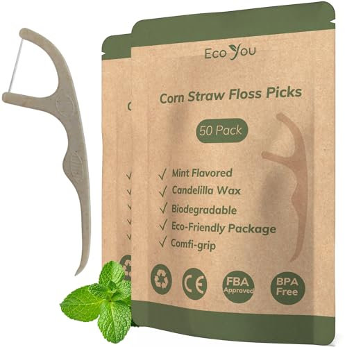 EcoYou Biologisch abbaubare Zahnseide-Plektren – 100 Stück | Mint Zahnseide Sticks mit Candelilla-Wachs | Umweltfreundliche Zahnreinigung