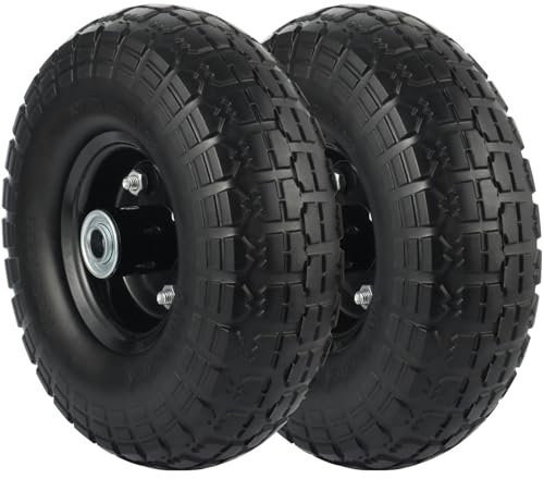 2 Pack 10-Inch Solid Wheel Replacement 4.10/3.50-4 Flat Free Tire and Wheel with 5/8 extra Double Sealed Bearings for Garden Carts Dump Cart Hand Truck Wheelbarrow Garden Wagon