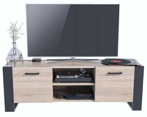 MATKAM TV-Kommode ALBA Loft, H50 x B150 x T43,6 cm, EIN offenes Regalfach in der Mitte, Links und rechts Fächer mit Türen, konische Beine (Sonoma Eiche)