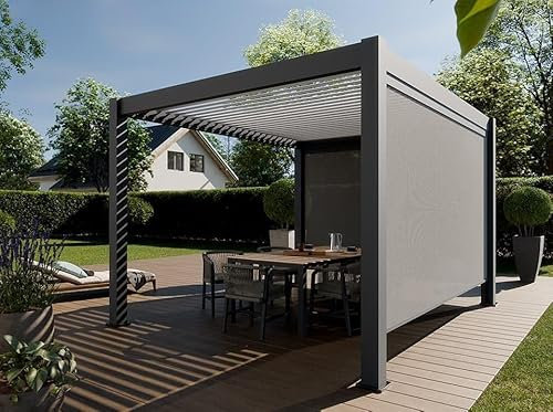 Pérgola Autoportante Bioclimática de Aluminio 12m² - 3x4m Dos Estores Incluidos - Antracita - 25 Lamas de Aluminio Inclinables 120° - Cenador