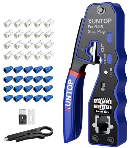 XUNTOP Pinza Crimpatrice RJ45 con 20pz Connettori Cat6 Dorati Kit Crimpatore RJ45 Pass Through Professionale, Pinza Crimpare Multifunzione per Cavi Ethernet con Spelafili per CAT5 CAT6/CAT6A