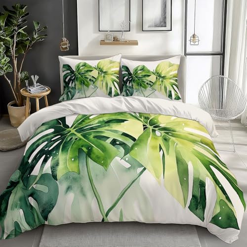 Blanco Juego de Cama 180 x 220 cm, Planta De Acuarela Monstera Funda nórdica con 2 Fundas de Almohada compañía con Estampado de Cama de Microfibra para Adultos, niños y niñas