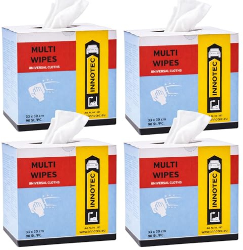 4 Stück INNOTEC Multi Wipes 90 Stück Karton – Profi Universal-Reinigungstücher fusselfrei & reißfest – Kfz Werkstatt Putztücher ideal für Politur, Glas & Entfettung – Saugstark & Chemikalienbeständig