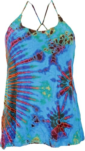 Batik Hippie Top, elastisches Damen Oberteil, farbenfrohes Design, blau | Unikat-Design, 95% Viskose, Slim Fit, handwaschbar, ideal für Sommer