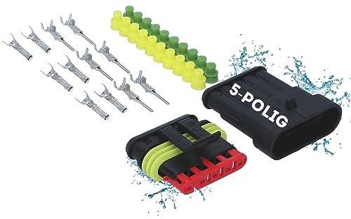 Kalitec KALI-1005 Superseal Set 5-Polig I KFZ Stecker 1,50 mm² max. 24 Volt I wasserdicht IP67 I ölbeständige Schnellverbinder Gehäusematerial PA GF für Auto, Motorrad I Schnellverbinder