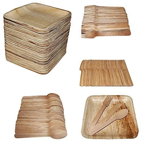 Streetfood Packaging's 200-Piece Eco-Friendly PartySet: 50 Palm Leaf Plates, 50 Wooden Forks, 50 Spoons, 50 Knives | Disposable Biodegradable Bamboo Plate for Parties, Picnics | Recyclable & Reusable