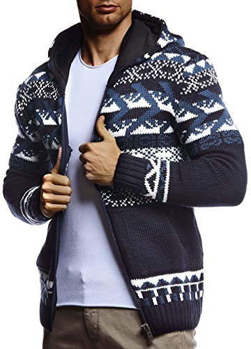 Leif Nelson Cardigan da Uomo Con Cappuccio, Giacca Norvegese Invernale Calda, Maglia Grossa Slim Fit per Natale, Modello LN20756, Blu