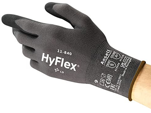 Ansell HyFlex 11-840, Gants de travail professionnels, Gants en nitrile résistant à l'abrasion, gants de protection polyvalents, Gant de manutention industriel, Gants nitrile S, Noir, 5 paires