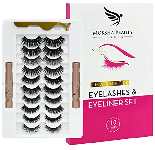 Kit de Cils Magnétiques et Eyeliner Magnétique - 5 Paires de Faux Cils Aimantés 3D Réutilisables avec Pince | Sans Colle, Eyeliner Waterproof | Look Naturel (10 Paires)