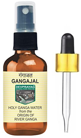 Devprayag Gangajal Heiliges Ganga-Wasser aus dem Ursprung oder Beginn des Flusses Ganga bei Devprayag in bernsteinfarbener Glasflasche mit Spray und Pipette, 100 ml