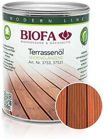 BIOFA Terrassenöl farbig 37531 Pflegeöl für Holzterrassen und Terrassen-Dielen aus Holz – Öl aus natürlichen Rohstoffen - Außenbereich (1L, Bangkirai)