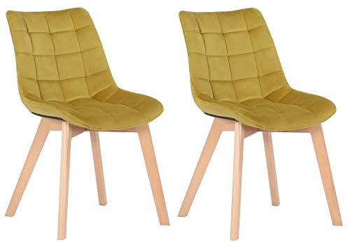 CLP 2er-Set Esszimmerstühle Passaic Samt, ergonomisch gepolstert & gesteppt, mit Bodenschonern, bis 150 kg belastbar, Farbe:gelb