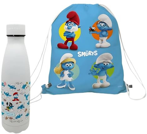Nethus Nerthus FIH 1043 Pitufos Mochila y 500ml Doble Pared Botella Set, Azul