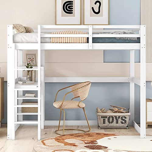 Hochbett 140 x 200cm Bettgestell mit Stauraum, Doppelbett,Kinderbett,Jungenbett,komplett aus Kiefer, mit 4 Ablagefächern und Einer Schreibtischplatte (Weiß, 140 X 200 cm)