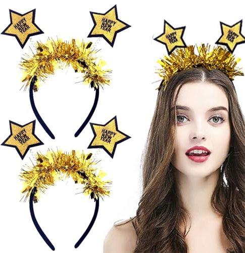 2025 Happy New Year Haarreifen, 2 Stücke Silvester Haarreif, Gold Sterne Haarreifen Glitzer Kopfschmuck, Stirnband Neujahr Deko Haarband, Neujahr Fotorequisiten Haarschmuck Party Kostüm Zubehör(Gold)