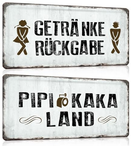 2er Set Retro Lustige Blechschilder Toilette 30x15cm - WC Metallschild mit Witzige Spruch - PIPI KAKA LAND - GETRÄNKE RÜCKGABE - Bad Gästebad klo Toilettenschild Wand-Schild Dekoration Zubehör
