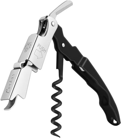 CORKAS Tire Bouchon Professionnel, Couteau de Sommelier, qualité hôtel et Restaurant, Couteau de Serveur avec Décapsuleur et Coupe-Capsule, Ouvre Bouteille en Acier Inoxydable (Noir)