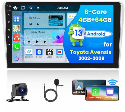 Hikity 9 Zoll Android 13 Autoradio mit Navi Toyota Avensis 2002-2008, 8-Core 4G+64G, Wireless CarPlay und Android Auto, Touchscreen DSP 32EQ RDS Rückfahrkamera