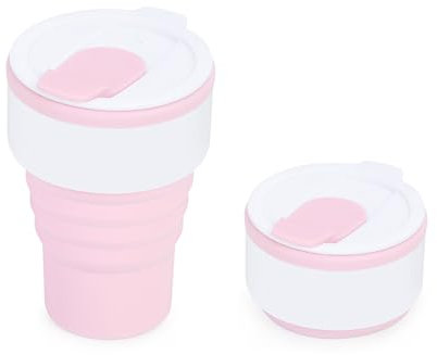 EYQ Collapsible Coffee Cup 375 ml, Silicone Foldable 12oz Coffee Mug, Reusable Tea Cup for Hot Cold Drinks for Office Fitness Gym Outdoor Sports Travel Camping Yoga, Pocket Size (WhitePink)