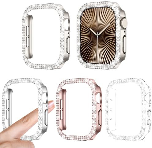 [4Stück] Kamita Diamant Hülle für Apple Watch 10 42mm, Glitzer Hart PC Bumper Case Ohne Displayschutzfolie für iWatch10, Stoßfest Glitzerhüll für Frauen Mädchen (Klar+Silber+Sternenlicht+Roségold)