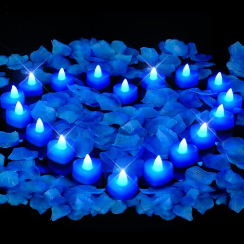 Amagic 2000 Pieces Blue Artificial Rose Petals with 24 Blue Heart LED Tea Lights, Rose Petals and Candles Set for Proposal, Anniversary, Valentine's Day, Romantic Night, Wedding Decor