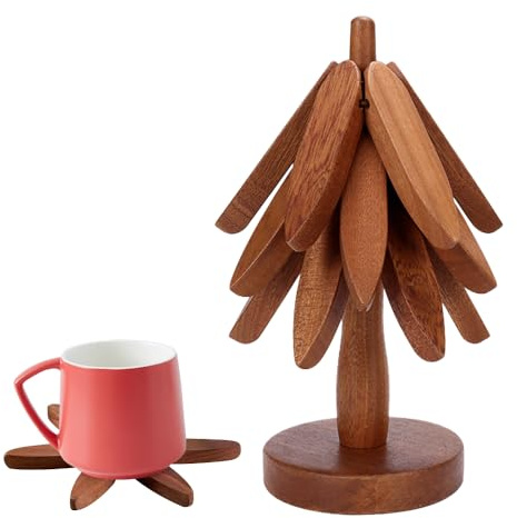 Mineup Holzuntersetzer für Heiße Gerichte, Baum Design Untersetzer, 3 Holzuntersetzer + 1 Ständer in Baumform, Buchenholz Untersetzer, Faltbare Untersetzer aus Holz für heiße Töpfe, Pfannen, Schüssel