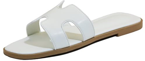 Women's Flat Sandals, Ladies Slip on Leather Slippers, Comfy Dressy Flat Shoes Elegant Slides Summer Fall Cute Open Toe Casual (White, Adult, Women, 4, Numeric, UK Footwear Size System, Medium)