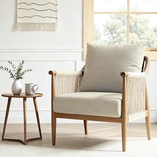 FLEXISPOT Akzentstuhl handgeflochten, Vielseitiger Indoor & Outdoor Stuhl mit komfortablen Kissen, Boho Rattanstuhl mit atmungsaktivem Design Beige