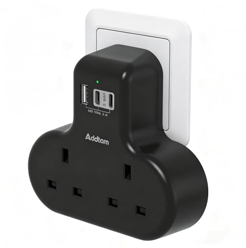 Addtam 2 Way Multi Plug Adaptor, Double Plug Extension with 3 USB Ports | Double Plug Adapter with Built-in 2 USB-C, 13A UK 3 Pin Socket Extension for Home, Office, Travel & School Supplies (Black)