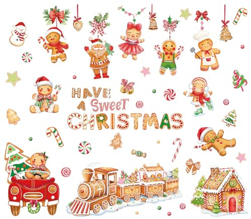 FUFUQUARE Wandtattoo Weihnachten Lebkuchenmann Wandaufkleber Süßigkeiten Lebkuchenhaus Selbstklebend Wandsticker für Kinderzimmer Wohnzimmer Fenster Party Weihnachtsdeko