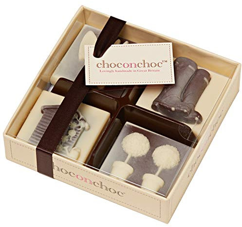 Choc On Choc Chocolate 4-Piece Garden Gift Set 85g | Handmade Belgian Chocolate | Includes Topiary Ball Trees, Wellies, Fork & Spade, Garden Shed | Unique Gift for Gardeners | Made in the UK