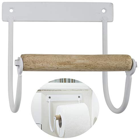 LS-LebenStil Vintage Metall Toilettenpapierhalter Weiß 14cm Altum Rollenhalter mit Holzrolle zur Wandmontage WC Papier Halterung Klopapierhalter für Badezimmer Gäste WC