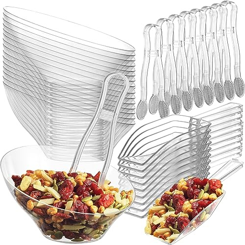 Clear Plastic Candy Bowls 6 oz (32 Pcs Set) - 16 Angled Bowls w/ 8 Scoops & 8 Tongs, Hard Disposable Candy Bar Containers for Buffets, Ice Cream Sundae Dessert Supplies, Toppings & Party Serving Cups