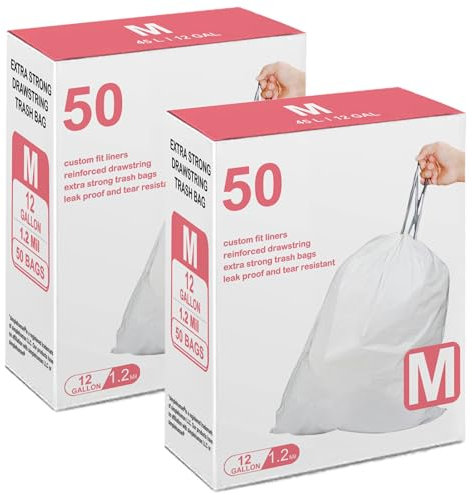 Code M Heavy Duty Trash Bags 1.2 MIL Thick 12 Gallon / 45 Liter 2 Pack 50 Count Drawstring Compatible With Simplehuman Code M | White Garbage Can Liners Heavy Duty Plastic