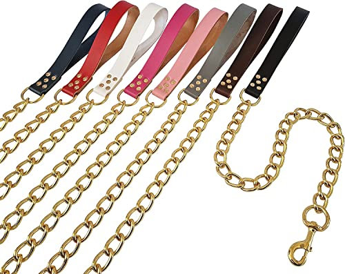 Heavy Duty Dog Chain Lead Chew Proof Leash GOLD Metal with Leather Handle for Large and Extra Large Dog up to 80kg (Baby Pink)