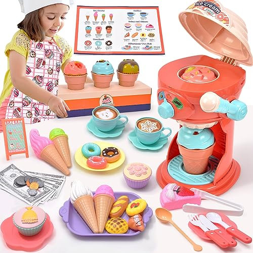 61STK EIS Spielzeug für Kinder Eisverkauf Spielset Küchenspielzeug Kinder Eismaschine Spielzeug Kaufmannsladen Speisekarte Montessori Rollenspiel Essen Geburtstagsgeschenk Kinder 3 4 5 6 7 8 Jahre