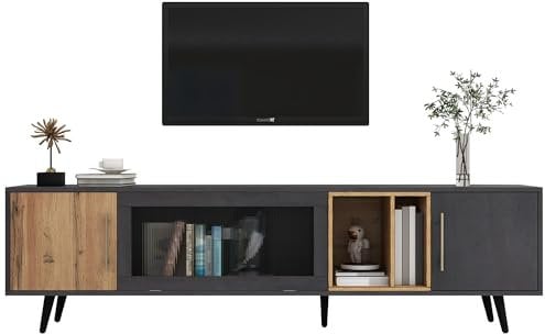 kubeier TV Lowboard Vintage, TV Schrank Holz 200 cm Fernsehtisch TV Board Rack - Wohnzimmer Schlafzimmer, Dunkles Holz, grau und Holzmaserung, Glas in der Mitte