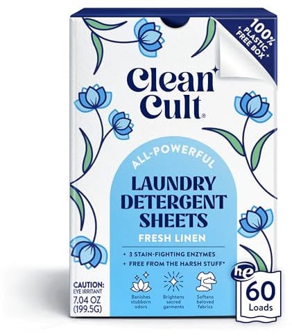 Cleancult Waschmittelblätter – 3 Fleckenbekämpfungsenzyme – konzentrierte flüssigkeitslose Waschmittelblätter – frischer Leinenduft – 60 Waschladungen – frei von aggressiven Chemikalien – keine