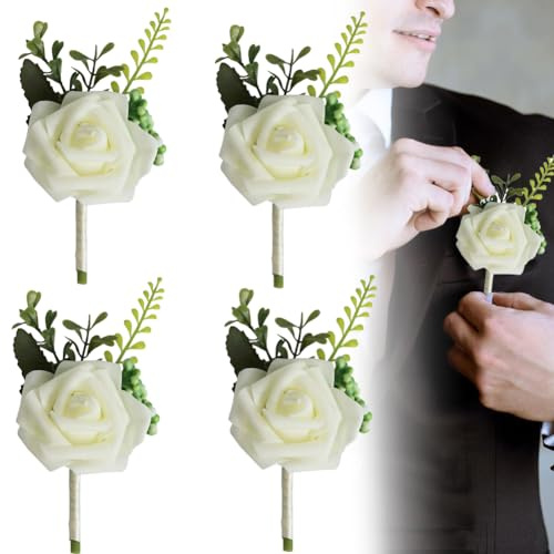 KITERI Rose Wedding Boutonniere, 4 Pcs White Flower Corsage Boutonniere | Handmade Corsage Buttonhole Flowers, Artificial Wedding with Pin Clip, for Groom Men Bridal Women Suit Dress,White